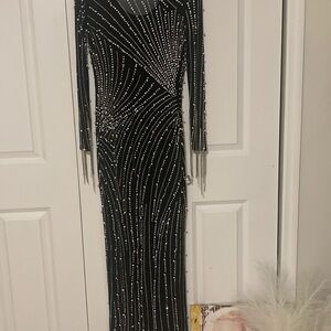 Glamorous Black Beaded Long Sleeve Dress